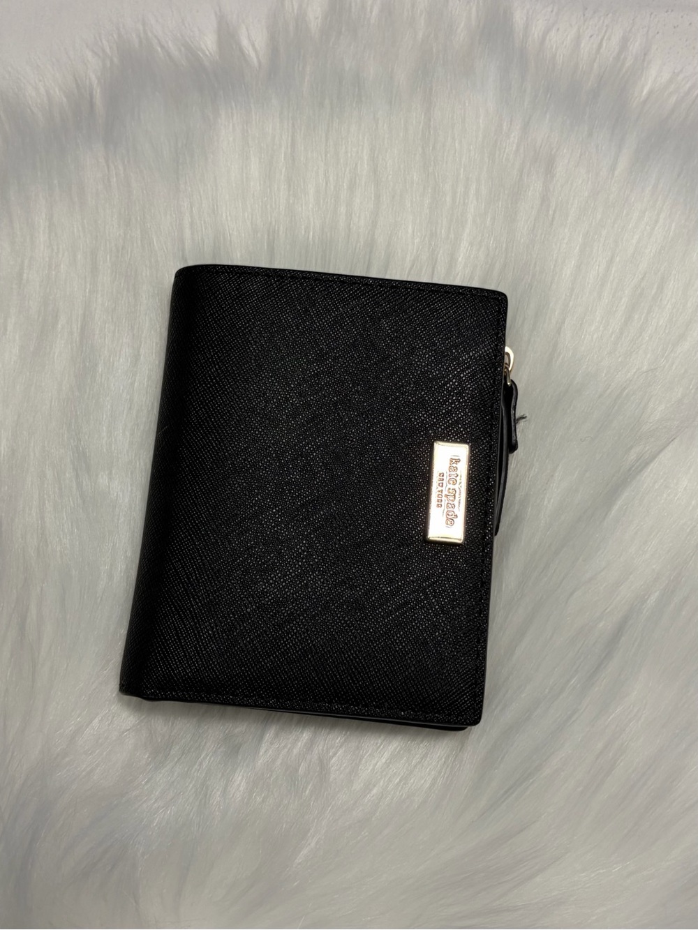 kate spade Black Saffiano Leather Compact Wallet with Gold Plaque